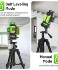 Self Leveling 360 Green Laser Level Kit With 4x 360 Cross Lines on tripod, showing self-leveling and manual modes in construction setting