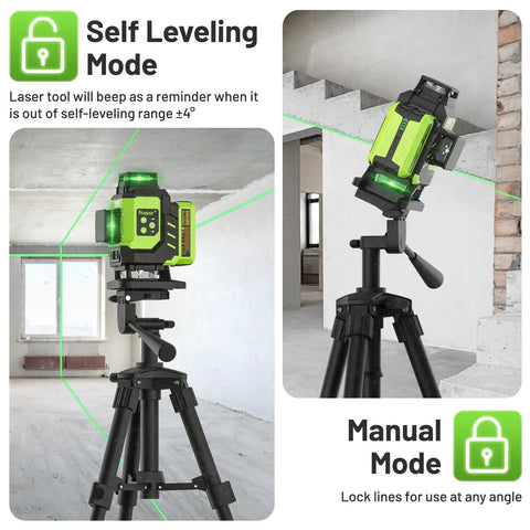 Self Leveling 360 Green Laser Level Kit With 4x 360 Cross Lines on tripod, showing self-leveling and manual modes in construction setting