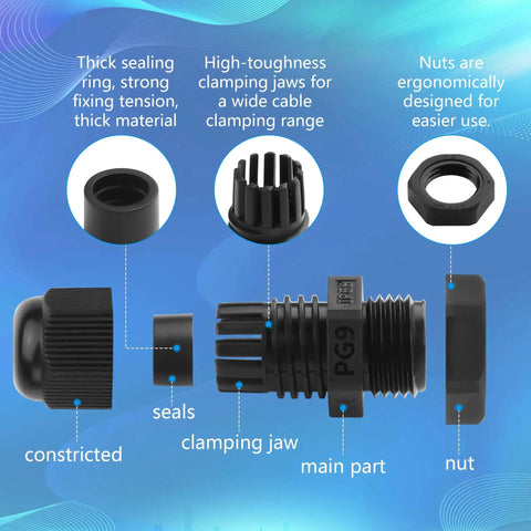 Waterproof Adjustable Cable Gland Set PG9 4 To 8mm Connectors With Gaskets 10 Pcs DIY Friendly Cable Seals, showing components.