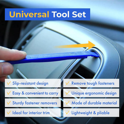 5 Piece Auto Trim Removal Tool Kit For Dash And Door Panels Non Scratch Nylon Pry Tools Clip Remover And Panel Pry Tools Included Pro Grade Interior Car Trim Set Blue, shown prying air vent
