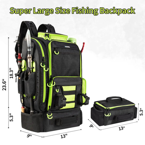 Large Insulated Fishing Backpack With Cooler That Fits 3 Tackle Boxes, Rod Holders, shown with dimensions and detachable cooler bag.