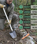Man using Metal Detecting Shovel For Treasure Hunting And Gardening, Heavy Duty Root Slayer With Double Serrated Blade, 36 Inch T Handle