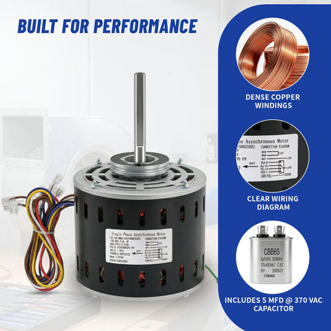 Furnace Blower Motor Heavy Duty One Third HP 115V 1075 RPM Four Speed Replacement for GE Trane American Standard