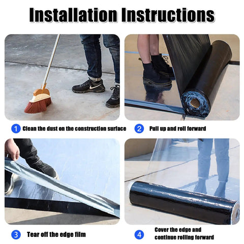 Installation steps for Heavy Duty Self Adhesive Asphalt Roof Patch Tape Featuring Sbs Bitumen Waterproof Roll showing cleaning and applying process.