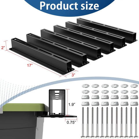 Heavy Duty Ceiling Garage Storage Rack With 17 Inch Adjustable Overhead Tote Rail System Modular 6 Bracket Sets For 5 Storage Bins Space Saving Overhead Organizer And Easy Ceiling Space Expansion, showing bracket dimensions and components