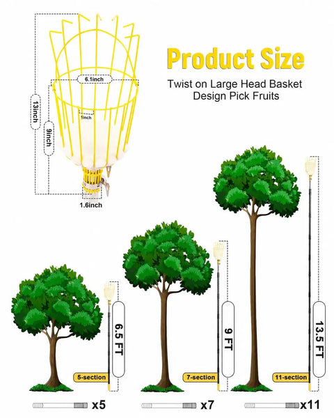 Adjustable 9 Foot Fruit Picker With Basket And Cushioned Landing Pad Long Handle Mango Grabber For Harvesting Apple Pear Orange Lemon Mango Avocado Peach Citrus Grapefruit Easy One Hand Use And Large Capacity, large basket size