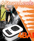 Kickass 2500W Handheld Steam Cleaner With Blazing Hot Pressure and Lightning Fast 10 Second Warmup in use on a car seat with steam.