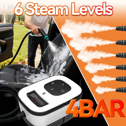 Kickass 2500W Handheld Steam Cleaner With Blazing Hot Pressure and Lightning Fast 10 Second Warmup in use on a car seat with steam.