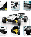 Kids RC Car 1 To 18 Scale Offroad Buggy With 2.4GHz Remote And 2WD Drive Top Speed 20 Km Per Hour USB C Charging details diagram.