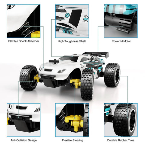 Kids RC Car 1 To 18 Scale Offroad Buggy With 2.4GHz Remote And 2WD Drive Top Speed 20 Km Per Hour USB C Charging details diagram.