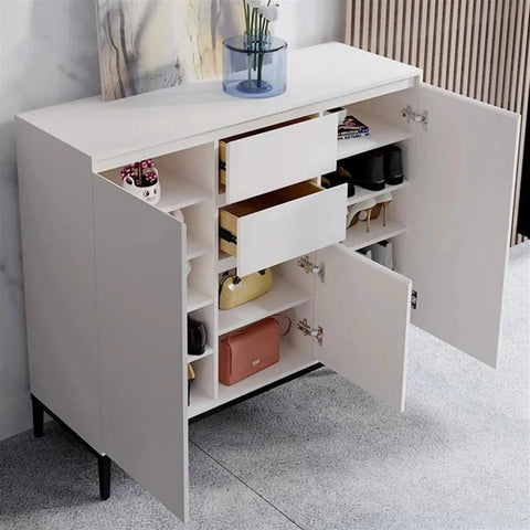 White cabinet with open doors showing stainless steel cabinet hinge with soft close no fuss 95 degree damped buffer 35mm cup fits 14-21mm doors.