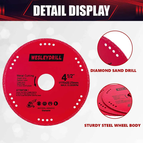 Detail display of a 4.5-inch metal cutting wheel, red color, labeled WesleyDrill, for 3 Pack 4.5 Inch Diamond Cutting Off Wheels Set For Seven Eighths Inch Arbor.