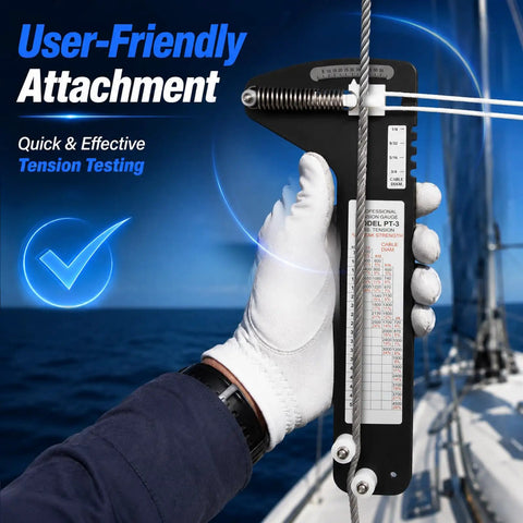 Pro Grade Hands Free Rigging Tension Gauge For Sailboat Shrouds And Wire Rope Standing Rigging Forestays And Cable Rigs Fits Nine Thirty Second Inch Nine Sixteenth Inch And Three Eighths Inch Cables Up To Four Thousand Five Hundred Pound Capacity, gloved hand on sailboat cable