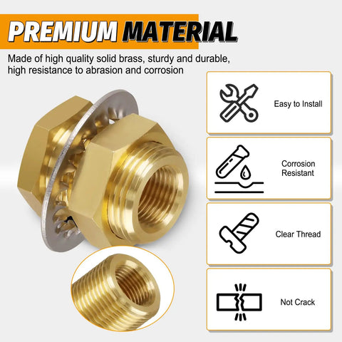 2 Pack Solid Brass Bulkhead Fittings 3/8 NPT Taper Female To 1 Inch Straight Male Connector With Metal Wave Ring, close-up image