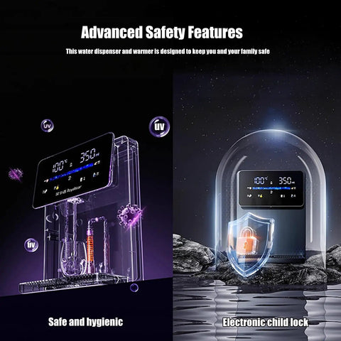 Image showcasing Wall Mounted Mains-Fed Water Dispenser With 2000W Heating, featuring electronic child lock and safety features.