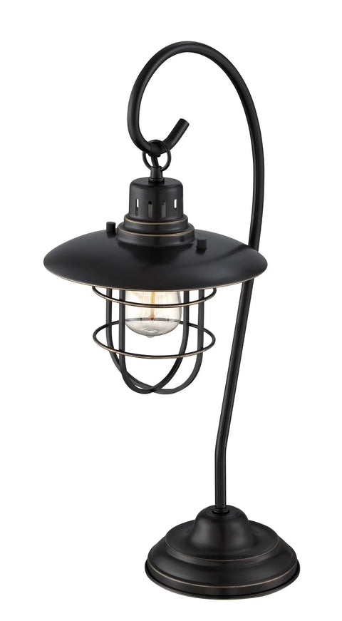 Lanterna II Dark Bronze Table Lamp with Vintage Edison Bulb and Lantern Head on Arched Arm, 23 Inch Tall Desk Light, E27 Socket 60W Max