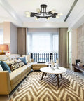 Modern living room with 8 Light Sputnik Ceiling Light in black metal, semi flush mount vintage style lighting fixture.