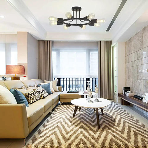 Modern living room with 8 Light Sputnik Ceiling Light in black metal, semi flush mount vintage style lighting fixture.