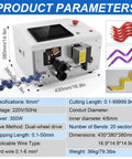 LABFENG Auto Wire Stripping And Cutting Machine For Solid And Stranded Cables Up To 6 Square Bvr Handles 30-10 Awg Copper Electric Tools showing product specifications.