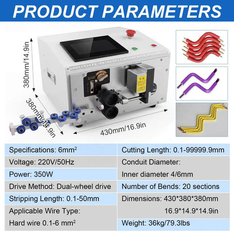 LABFENG Auto Wire Stripping And Cutting Machine For Solid And Stranded Cables Up To 6 Square Bvr Handles 30-10 Awg Copper Electric Tools showing product specifications.