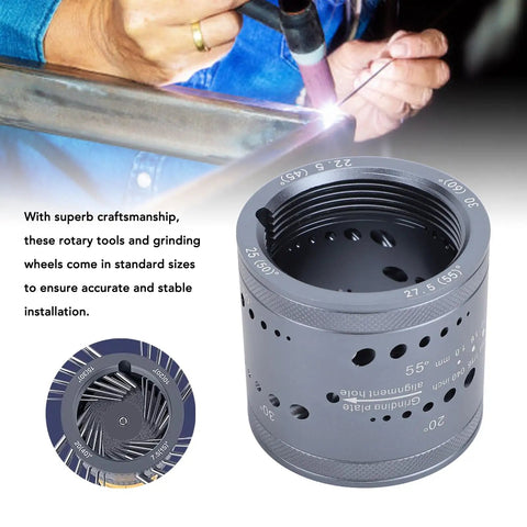 Electrode Sharpener Grinder For Welding, 6 Sizes And 8 Angles in aluminum alloy shown next to welding scene and grinding wheel.