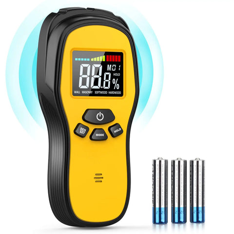 Pinless Wood Moisture Meter With LCD Display Digital Moisture Detector with batteries, yellow and black design