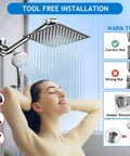 Woman enjoying shower under 8 Inch Rain Shower Head Set with 11 Inch Adjustable Extension Arm and 5 Function Handheld Shower Head.