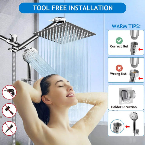 Woman enjoying shower under 8 Inch Rain Shower Head Set with 11 Inch Adjustable Extension Arm and 5 Function Handheld Shower Head.