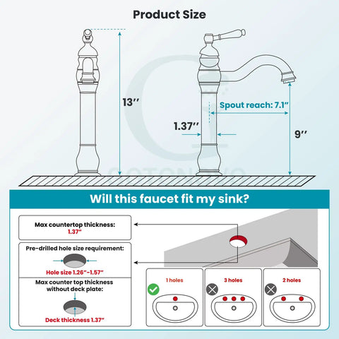 Diagram of Vessel Sink Faucet With 360 Degree Swivel Spout, Single Handle No-Fuss Tall Bathroom Mixer Tap dimensions and compatibility