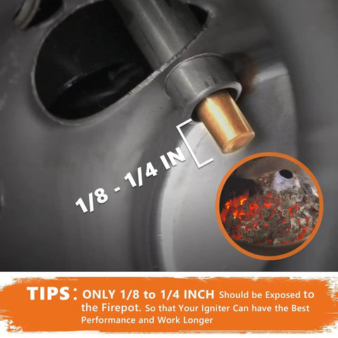 Close-up of installed igniter rod in a Pit Boss pellet grill, shows 1/8 to 1/4 inch exposed, part of the 2 Pack Hot Rod Igniter Kit Replacement For Pit Boss Pellet Grills Igniter Rod Heating Element Compatible With Pit Boss Traeger Camp Chef Includes 2 Fuses.