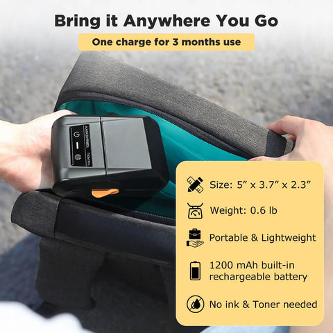 Slick Wireless Bluetooth Label Maker With Smooth Wide Format Printing And Included Tape Roll For No Fuss Home Organization Small Biz Branding And School Supplies, shown in a hand with specifications.
