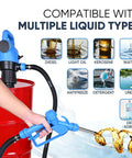 Heavy Duty Badass Electric Drum Pump For 55 Gallon Barrels demonstrating compatibility with diesel, water, antifreeze, and more.