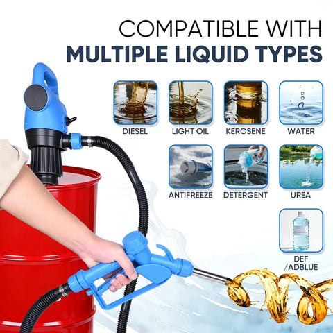 Heavy Duty Badass Electric Drum Pump For 55 Gallon Barrels demonstrating compatibility with diesel, water, antifreeze, and more.
