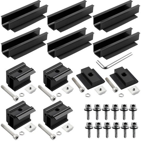 No Sweat Solar Panel Roof Mounting Kit With Six Heavy Duty Four Point Seven Two Inch Rails And Flexible Adjustable End Clamps for quick rooftop install.