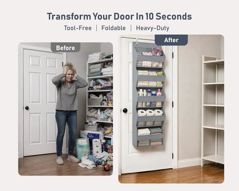 Five Tier Over The Door Hanging Storage Rack With Super Deep Pockets Absolute Game Changer For Cramped Dorm Rooms And RVs shown on a door, organizing items.