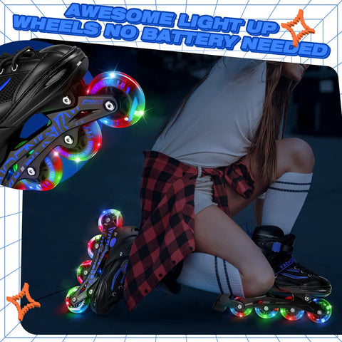 Adjustable Kids Inline Skates For Boys And Girls Aged 4 To 12 With Lit Up Wheels, night scene, kid wearing skates