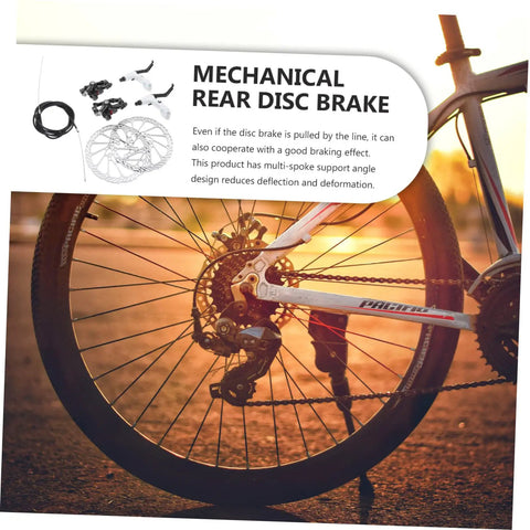 Trail Tough Mountain Bike Disc Brake Kit showing mechanical rear disc brake on bicycle wheel, highlighting rotor and frame details.