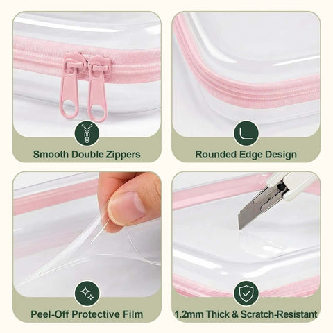 Close-up of Straight Up Tough Clear Hard Shell Zipper Cases showing smooth pink zippers and protective film details.