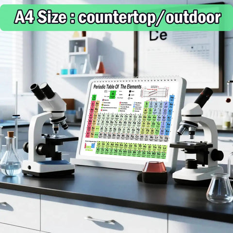 Periodic Table Of Elements Chart And Chemistry Posters Set For High School And College with clear equations on a lab counter.
