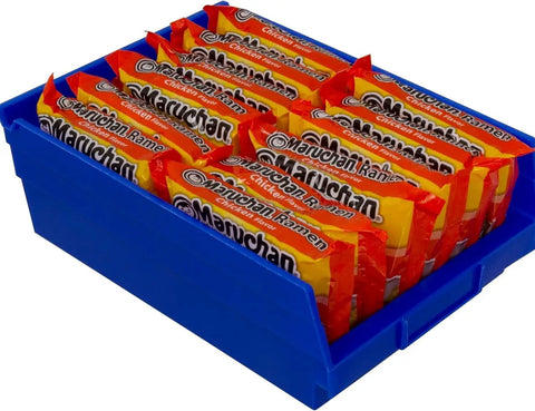 Heavy Duty Pro Grade Plastic Shelf Bins 12x8x4 Inches Blue 12 Pack filled with ramen for versatile storage