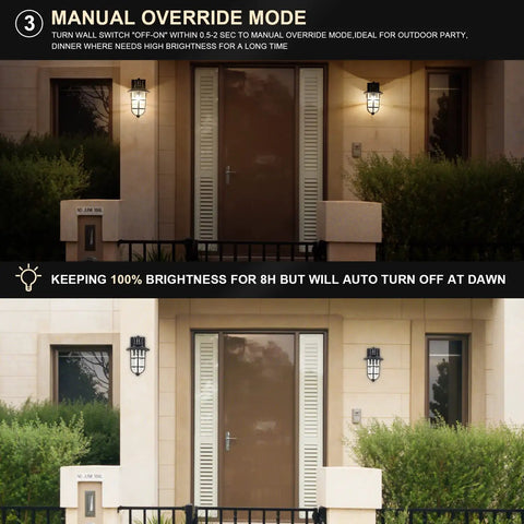 Two Pack Smart Motion Sensor Outdoor Wall Lanterns With Seeded Glass Dusk To Dawn Exterior Porch Lights illuminating entrance