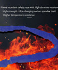 Flame retardant safety rope with high abrasion resistance and color-changing braid for industrial use against flame background