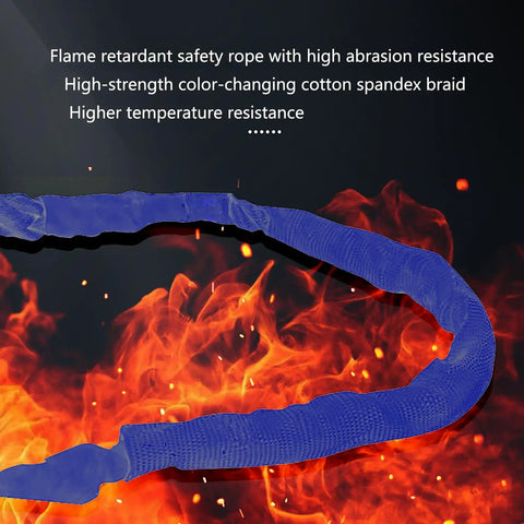 Flame retardant safety rope with high abrasion resistance and color-changing braid for industrial use against flame background