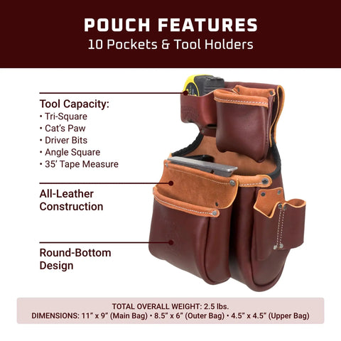 Big Oxy Fastener Bag With 10 Pockets And Tool Holders, deep round-bottom organizer, leather construction, tape pocket