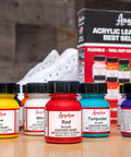 12 Color Acrylic Leather Paint Kit For Shoes Kicks Sneakers Leather Canvas And Furniture Flexible Blendable Colors 1 Oz Tubes DIY Color Crafting Set Bundle showing bottles and packaging