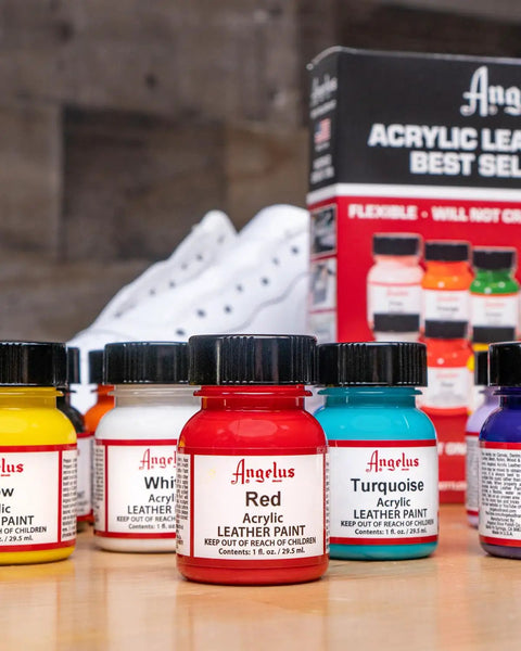 12 Color Acrylic Leather Paint Kit For Shoes Kicks Sneakers Leather Canvas And Furniture Flexible Blendable Colors 1 Oz Tubes DIY Color Crafting Set Bundle showing bottles and packaging