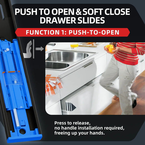 Push To Open Soft Close Drawer Slides 14 Inch 100 Lb Load Capacity Side Mount Ball Bearing Rails in a kitchen setup