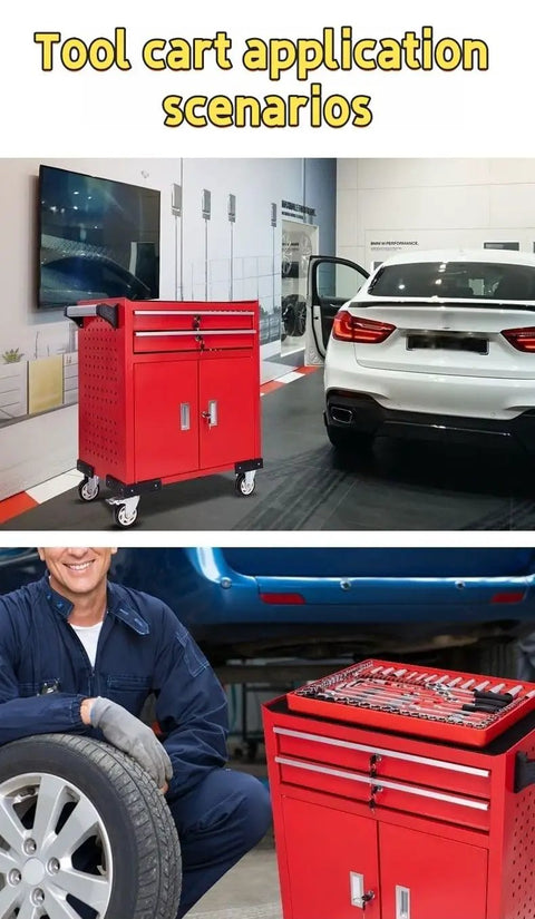 Three Drawer Rolling Tools Chest With Lockable Cabinet For Garage, Warehouse And Workshop On Wheels, High Capacity Tool Storage Cart, Heavy Duty Red Metal Chest For Easy Organization And Secure Tool Keeping. red metal tool cart on wheels beside a car, with drawers and lockable cabinet