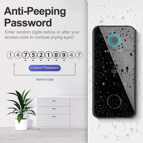 Keyless Entry Smart Door Lock With Fingerprint Anti Peep Code Bluetooth Auto Lock For Front Door iOS And Android App Control No Fuss Install Black Finish For Modern Homes feature graphic showcasing anti-peeping password function