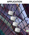 Keyed Alike Padlock Set 36 Pack With 72 Keys on gate, 40mm nickel plated laminated steel locks securing metal fence.